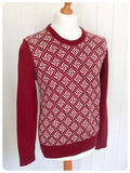 VINTAGE 1970s BURGUNDY WHITE GEOMETRIC PATTERN SKINNY RIB FINE KNIT JUMPER TOP MENS M L