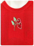 VINTAGE 1970s BRIGHT RED SKINNY RIB FINE KNIT TANK TOP VEST T SHIRT JUMPER STRAWBERRY EMBROIDERY UK6-10