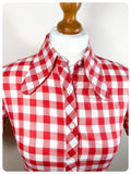 VINTAGE 70’s WESTERN SHIRT RED WHITE PLAID BLOUSE DAGGER COLLAR SKINNY FITTED UK 8