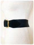 VINTAGE 80’s WIDE BLACK ELASTIC SUEDE LEATHER CINCH WASPIE WAIST BELT BIG GOLD BRASS BUCKLE RICHARDS UK 30-33