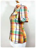 VINTAGE 70’s WESTERN SHIRT MULTI COLOUR PLAID BLOUSE DAGGER COLLAR SKINNY FITTED UK 8
