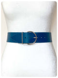 VINTAGE 80’s WIDE DEEP BLUE LEATHER CINCH WAIST WASPIE BELT BIG BUCKLE NEW WAVE 22-26