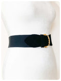 VINTAGE 80’s WIDE BLACK ELASTIC SUEDE LEATHER CINCH WASPIE WAIST BELT BIG GOLD BRASS BUCKLE RICHARDS UK 30-33