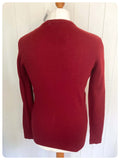 VINTAGE 1970s BURGUNDY WHITE GEOMETRIC PATTERN SKINNY RIB FINE KNIT JUMPER TOP MENS M L