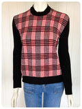 VINTAGE 1970s BLACK RED PLAID TARTAN FINE KNIT TOP JUMPER SWEATER UK8-12