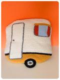 HAND CROCHET VINTAGE 70’s CARAVAN SHAPED CUSHION COVER CI CADET 10 CAMPER MUSTARD CREAM RETRO