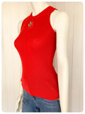 VINTAGE 1970s BRIGHT RED SKINNY RIB FINE KNIT TANK TOP VEST T SHIRT JUMPER STRAWBERRY EMBROIDERY UK6-10