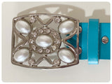 VINTAGE 80’s WIDE TURQUOISE LEATHER WESTERN CINCH WAIST HIP BELT BIG BUCKLE DIAMANTÉ FAUX PEARLS 29 -33