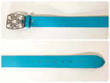 VINTAGE 80’s WIDE TURQUOISE LEATHER WESTERN CINCH WAIST HIP BELT BIG BUCKLE DIAMANTÉ FAUX PEARLS 29 -33