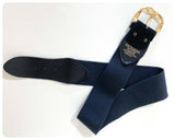 VINTAGE 80’s WIDE BLACK ELASTIC SUEDE LEATHER CINCH WASPIE WAIST BELT BIG GOLD BRASS BUCKLE RICHARDS UK 30-33
