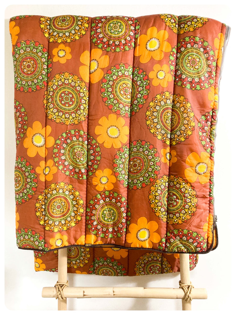 Vintage 60’s Emar Yellow, Orange 2024 & Brown Printed Patchwork Sleeping Bag Quilt