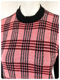 VINTAGE 1970s BLACK RED PLAID TARTAN FINE KNIT TOP JUMPER SWEATER UK8-12