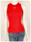 VINTAGE 1970s BRIGHT RED SKINNY RIB FINE KNIT TANK TOP VEST T SHIRT JUMPER STRAWBERRY EMBROIDERY UK6-10