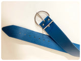 VINTAGE 80’s WIDE DEEP BLUE LEATHER CINCH WAIST WASPIE BELT BIG BUCKLE NEW WAVE 22-26