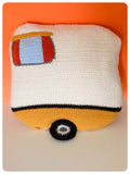 HAND CROCHET VINTAGE 70’s CARAVAN SHAPED CUSHION COVER CI CADET 10 CAMPER MUSTARD CREAM RETRO