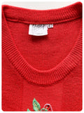VINTAGE 1970s BRIGHT RED SKINNY RIB FINE KNIT TANK TOP VEST T SHIRT JUMPER STRAWBERRY EMBROIDERY UK6-10