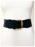 VINTAGE 80’s WIDE BLACK ELASTIC SUEDE LEATHER CINCH WASPIE WAIST BELT BIG GOLD BRASS BUCKLE RICHARDS UK 30-33