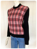 VINTAGE 1970s BLACK RED PLAID TARTAN FINE KNIT TOP JUMPER SWEATER UK8-12