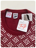 VINTAGE 1970s BURGUNDY WHITE GEOMETRIC PATTERN SKINNY RIB FINE KNIT JUMPER TOP MENS M L