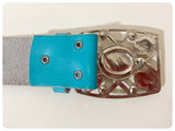 VINTAGE 80’s WIDE TURQUOISE LEATHER WESTERN CINCH WAIST HIP BELT BIG BUCKLE DIAMANTÉ FAUX PEARLS 29 -33