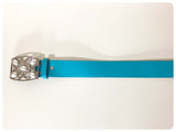 VINTAGE 80’s WIDE TURQUOISE LEATHER WESTERN CINCH WAIST HIP BELT BIG BUCKLE DIAMANTÉ FAUX PEARLS 29 -33