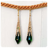 HANDMADE EMERALD GREEN LONG POINT GLASS CRYSTAL ART DECO CHANDELIER RENAISSANCE GOLD CONE ORNATE DROP EARRINGS RETRO BIRTHSTONE BOHO