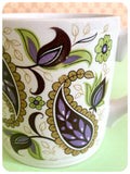 VINTAGE 1960’s 70’s MID CENTURY PURPLE GREEN PAISLEY PATTERN MUG CUP GLO-WHITE IRONSTONE ALFRED MEAKIN ENGLAND