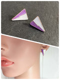 VINTAGE 80’s PURPLE WHITE ENAMEL ANTIQUE GOLD BRASS TRIANGLE GEOMETRIC LIGHTNING STUD EARRINGS