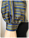 VINTAGE 70’s 80’s GREEN BLUE STRIPY STRIPED SILKY PUSSY BOW TIE NECK PUFF SLEEVE BLOUSE SHIRT UK 8