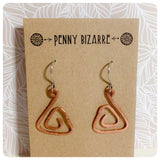 HANDMADE HAMMERED BEATEN COPPER BIG SPIRAL TRIANGLE EARRINGS MINIMAL TRIBAL VIKING