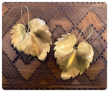 VINTAGE ANTIQUE GOLD BRASS HUGE LEAF LEAVES EARRINGS SIMPLE MINIMAL TRIBAL