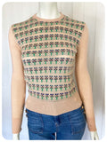 VINTAGE 1970s SKINNY RIB KNIT JUMPER TOP TAN PATTERN FLECK UK6 - 10