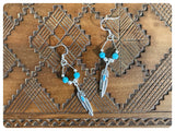 HAND CRAFTED ANTIQUE SILVER TURQUOISE NATURAL GEMSTONE INDIAN FEATHER DANGLE DROP BOHO EARRINGS