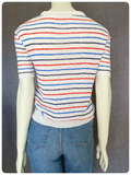 VINTAGE 1970s RED BLUE NAVY WHITE STRIPY STRETCH SKINNY RIB V NECK KNIT JUMPER TOP T SHIRT UK8 10 12