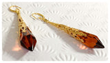 HANDMADE DEEP AMBER LONG POINT GLASS CRYSTAL ART DECO CHANDELIER RENAISSANCE GOLD CONE ORNATE DROP EARRINGS RETRO BIRTHSTONE BOHO