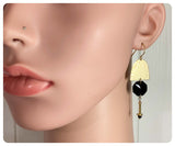 ANTIQUE GOLD HAMMERED BEATEN BRASS & BLACK FACETED CRYSTAL GLASS RETRO MINIMAL TRIBAL GEOMETRIC MODERNIST DROP EARRINGS