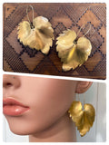 VINTAGE ANTIQUE GOLD BRASS HUGE LEAF LEAVES EARRINGS SIMPLE MINIMAL TRIBAL