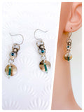 HANDMADE OXIDISED ANTIQUE INDIAN SILVER HEART DISC GREEN TEAL GLASS BEAD DROP EARRINGS RETRO BOHO