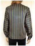 VINTAGE 70’s 80’s GREEN BLUE STRIPY STRIPED SILKY PUSSY BOW TIE NECK PUFF SLEEVE BLOUSE SHIRT UK 8