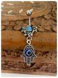 INDIAN SILVER HAMSA HAND EVIL EYE PROTECTION & TURQUOISE GEMSTONES BOHO SURGICAL STEEL NAVEL BELLY BAR