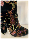 VINTAGE RETRO STYLE BLACK VELVET FLORAL EMBROIDERY SEQUINS ANKLE BOOTS CHUNKY HEEL BOHO HIPPIE UK 3