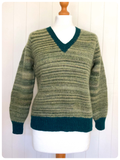 VINTAGE 1970s HAND KNIT KNITTED GREEN WOOL V NECK JUMPER TOP BOHO HIPPIE UK10-12