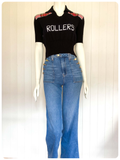 VINTAGE 1970s BAY CITY ROLLERS BLACK TARTAN SKINNY RIB KNIT JUMPER TOP T SHIRT UK8-12