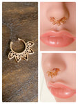 GOLD TRIBAL INDIAN LOTUS FLOWER HEARTS NON PIERCED CLIP ON FAKE SEPTUM RING