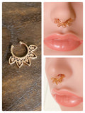 GOLD TRIBAL INDIAN LOTUS FLOWER HEARTS NON PIERCED CLIP ON FAKE SEPTUM RING