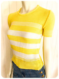 VINTAGE 1970s YELLOW & WHITE STRIPE STRIPY RETRO SKINNY RIB JUMPER TOP T SHIRT UK6-10