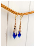 HANDMADE SAPPHIRE BLUE LONG POINT GLASS CRYSTAL ART DECO CHANDELIER RENAISSANCE GOLD CONE ORNATE DROP EARRINGS RETRO BIRTHSTONE BOHO