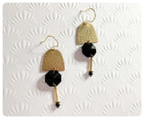 ANTIQUE GOLD HAMMERED BEATEN BRASS & BLACK FACETED CRYSTAL GLASS RETRO MINIMAL TRIBAL GEOMETRIC MODERNIST DROP EARRINGS