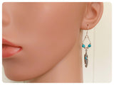 HAND CRAFTED ANTIQUE SILVER TURQUOISE NATURAL GEMSTONE INDIAN FEATHER DANGLE DROP BOHO EARRINGS