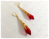 HANDMADE RUBY RED LONG POINT GLASS CRYSTAL ART DECO CHANDELIER RENAISSANCE GOLD CONE ORNATE FILIGREE DROP EARRINGS RETRO BIRTHSTONE BOHO